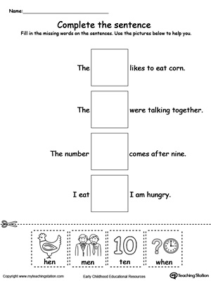 Complete the EN Word Family sentence in this printable worksheet.