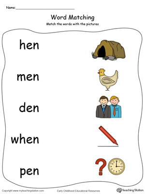 EN Word Family Picture Match in Color. Identifying words ending in  –EN by matching the words with each picture.