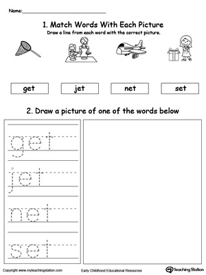 Practice tracing, drawing and recognizing the sounds of the letters ET in this Word Family printable.