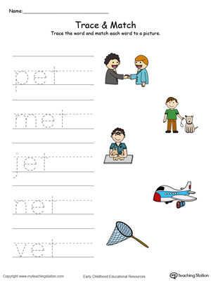 Match word with pictures in this ET Word Family printable worksheet in color.