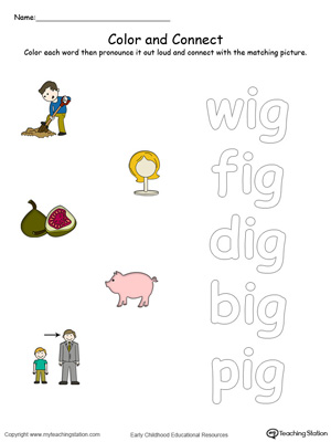 Practice coloring and fine motor skills in this IG Word Family printable worksheet in color.