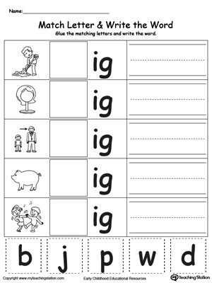 Place the missing letter in this beginning sound IG Word Family printable worksheet.