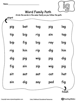 Find and circle words in this IG Word Family path printable worksheet.