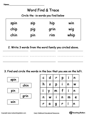 IN Word Family Find and Trace