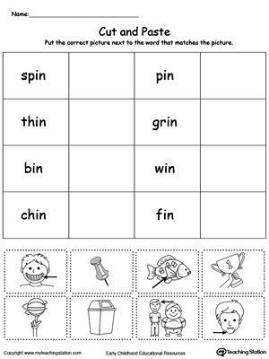Learn word definition and spelling with this IN Word Family Match Picture with Word worksheet.