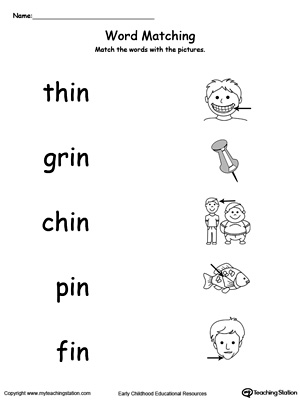 IN Word Family Picture Match. Identifying words ending in  –IN by matching the words with each picture.