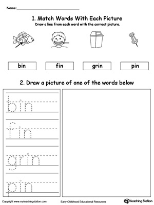 Practice tracing, drawing and recognizing the sounds of the letters IN in this Word Family printable.