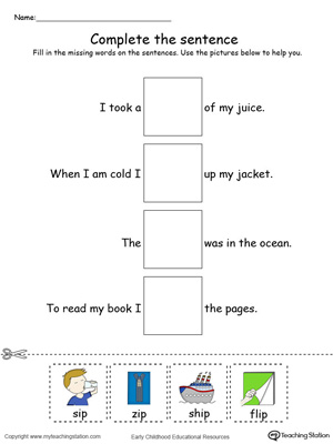 Identify the words and complete the IP Word Family sentence in this printable worksheet in color.