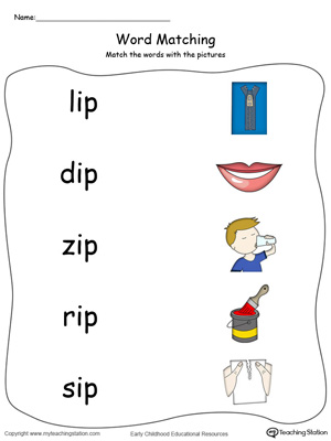 IP Word Family Picture and Word Match in Color. Identifying words ending in  –IP by matching the words with each picture.