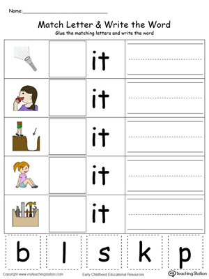 Place the missing letter in this beginning sound IT Word Family printable worksheet in color.