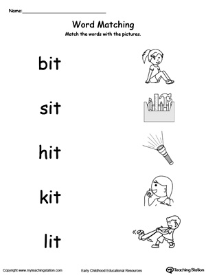 IT Word Family Picture and Word Match. Identifying words ending in  –IT by matching the words with each picture.