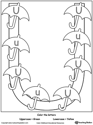 Practice identifying the uppercase and lowercase letter U in this preschool reading printable worksheet.