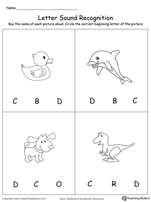 Practice recognizing the alphabet letter D sound in this picture match printable worksheet.