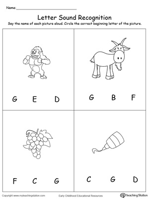 Practice recognizing the alphabet letter G sound in this picture match printable worksheet.