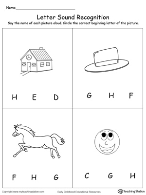 Practice recognizing the alphabet letter H sound in this picture match printable worksheet.