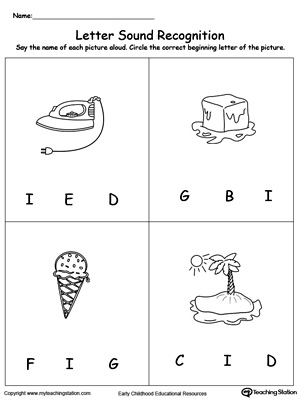 Practice recognizing the alphabet letter I sound in this picture match printable worksheet.