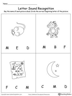 Practice recognizing the alphabet letter M sound in this picture match printable worksheet.