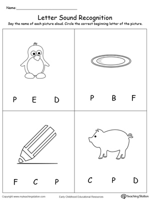 Practice recognizing the alphabet letter P sound in this picture match printable worksheet.