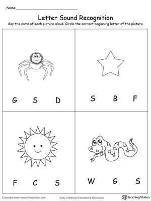 Practice recognizing the alphabet letter S sound in this picture match printable worksheet.