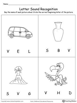 Practice recognizing the alphabet letter V sound in this picture match printable worksheet.