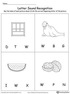 Practice recognizing the alphabet letter W sound in this picture match printable worksheet.