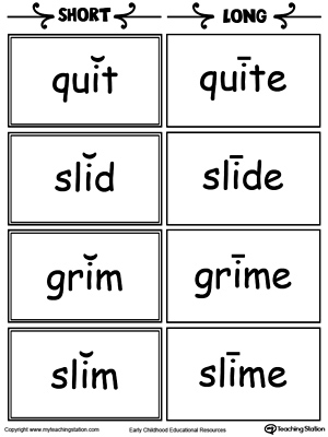 Short and Long Vowel Pairs Flashcards: Quit, Slid, Grim, and Slim