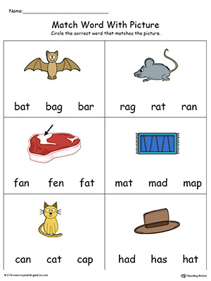 Match Word with Picture: AT Words in Color. Identifying words ending in  –AT by matching the words with each picture.