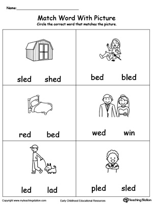Match Word with Picture: ED Words. Identifying words ending in  –ED by matching the words with each picture.