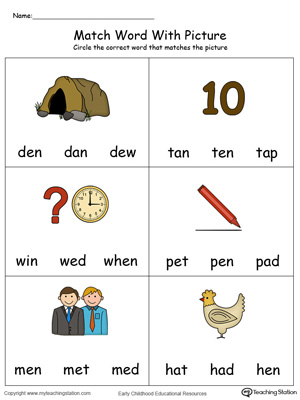 Match Word with Picture: EN Words in Color. Identifying words ending in  –EN by matching the words with each picture.