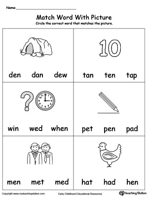 Match Word with Picture: EN Words. Identifying words ending in  –EN by matching the words with each picture.