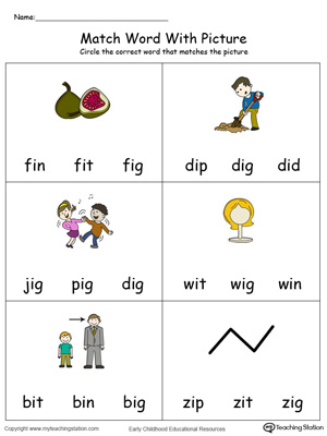 Match Word with Picture: IG Words in Color. Identifying words ending in  –IG by matching the words with each picture.