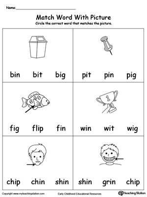Match Word with Picture: IN Words. Identifying words ending in  –IN by matching the words with each picture.