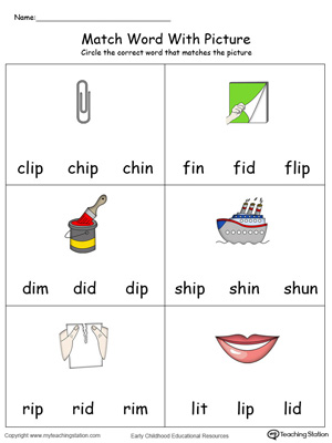 Match Word with Picture: IP Words in Color. Identifying words ending in  –IP by matching the words with each picture.