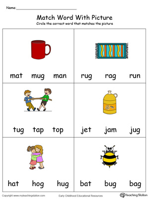 Match Word with Picture: UG Words in Color. Identifying words ending in  –UG by matching the words with each picture.