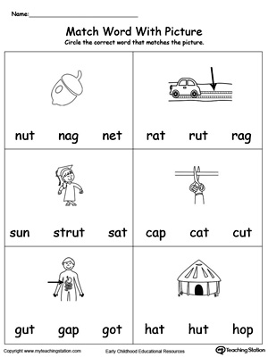 Match Word with Picture: UT Words. Identifying words ending in  –UT by matching the words with each picture.