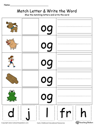 Place the missing letter in this beginning sound OG Word Family printable worksheet in color.