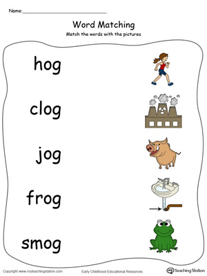 OG Word Family Picture Match in Color. Identifying words ending in  –OG by matching the words with each picture.