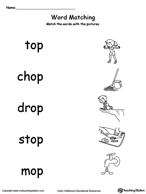 OP Word Family Picture Match. Identifying words ending in  –OP by matching the words with each picture.