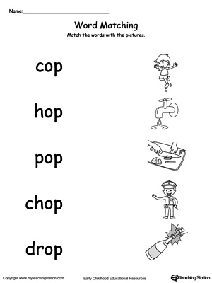 OP Word Family Picture and Word Match. Identifying words ending in  –OP by matching the words with each picture.