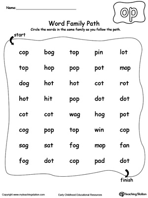 Find and circle words in this OP Word Family path printable worksheet.