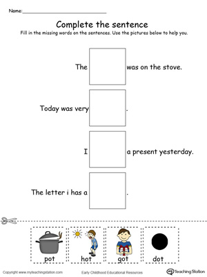 Identify the words and complete the OT Word Family sentence in this printable worksheet in color.