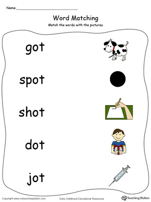 OT Word Family Picture Match in Color. Identifying words ending in  –OT by matching the words with each picture.
