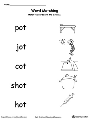 OT Word Family Picture and Word Match. Identifying words ending in  –OT by matching the words with each picture.