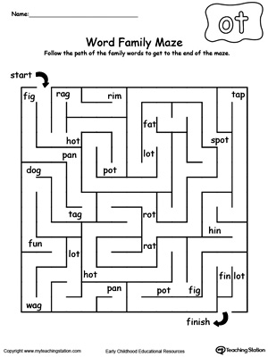 Practice thinking skills and word patterns with this OT Word Family maze printable worksheet.