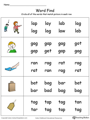 Match pictures with words using similar letter patterns in this AG Word Family printable worksheet in color.