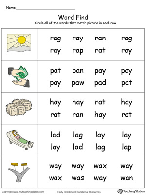 Match pictures with words using similar letter patterns in this AY Word Family printable worksheet in color.