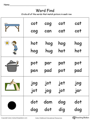 Match pictures with words using similar letter patterns in this OT Word Family printable worksheet in color.