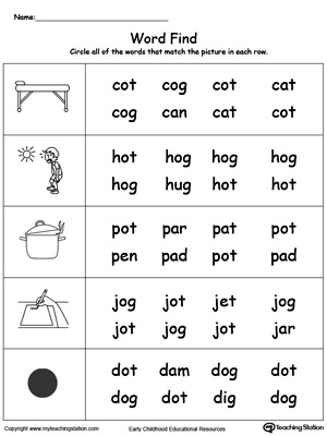 Match words using similar letter patterns with its picture in this OT Word Family printable worksheet.