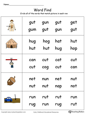 Match pictures with words using similar letter patterns in this UT Word Family printable worksheet in color.