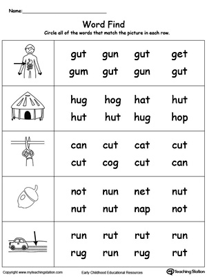 Match words using similar letter patterns with its picture in this UT Word Family printable worksheet.